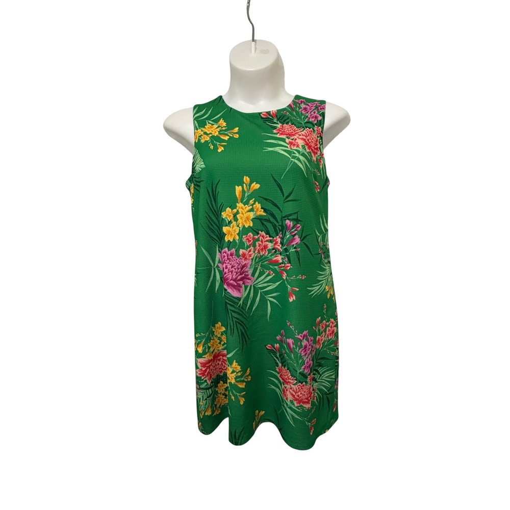 JH Collectibles Green Tropical Floral Sleeveless Shift Dress Size 16 Pique Lined